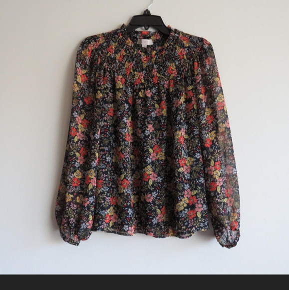 Loft Floweral Blouse Shirred Yoke Neck long sleeve Size Large - Picture 6 of 13